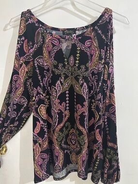 Thalia Sodi Black Paisley Cold-Shoulder Blouse with Pink and Gold Accents